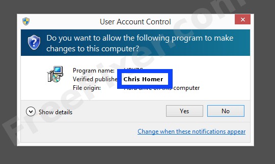 Screenshot where Chris Homer appears as the verified publisher in the UAC dialog